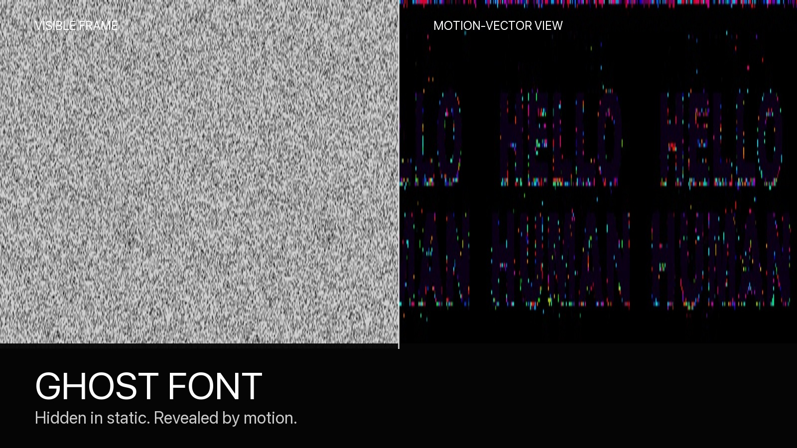 Visible video static beside an H.264 motion-vector view that reveals HELLO HUMAN